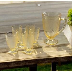 Yellow Depression glass No. 612 pitcher and 6 tumblers Horseshoe
